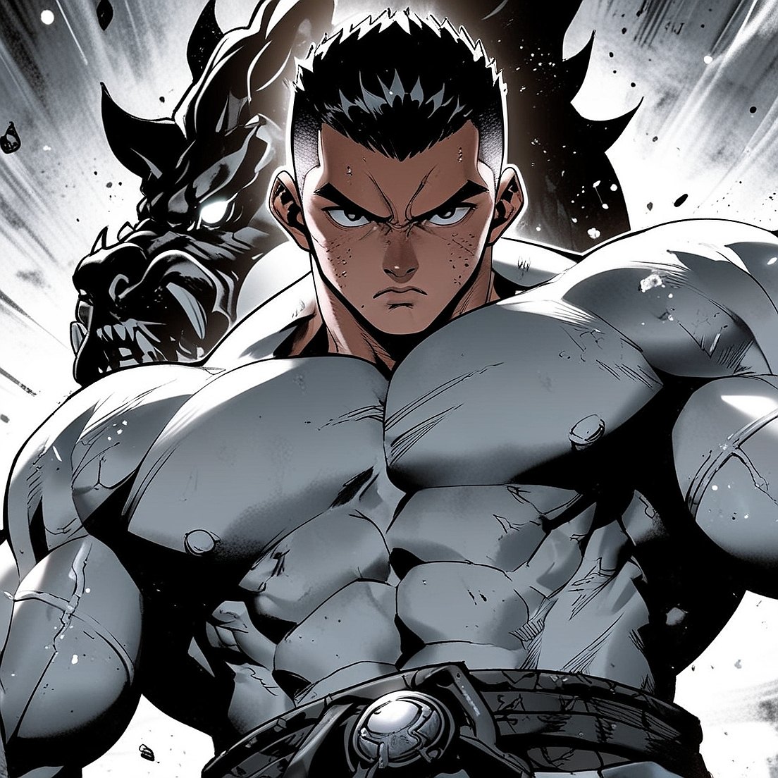 KI-generierte Manga-Art: Kai vor einem Arena-Daemon, Schwarz-Weiss mit Farbakzent